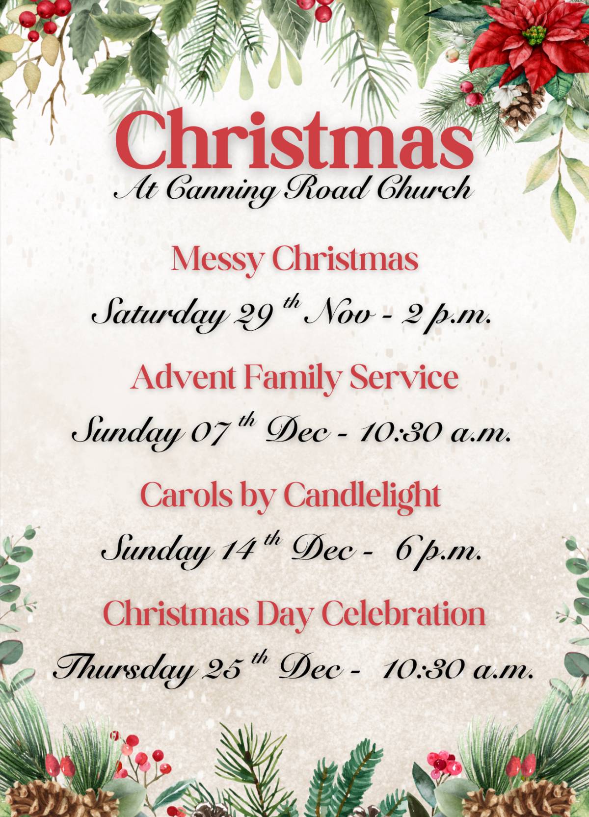Poster of events for Christmas 2025 - Information below